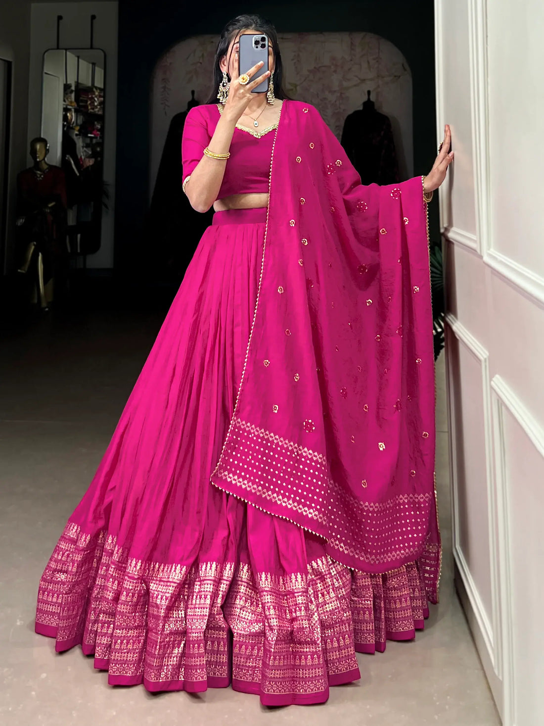Wonderful Pink Zari Weaving Chanderi Traditional Lehenga Choli - Zeel Clothing