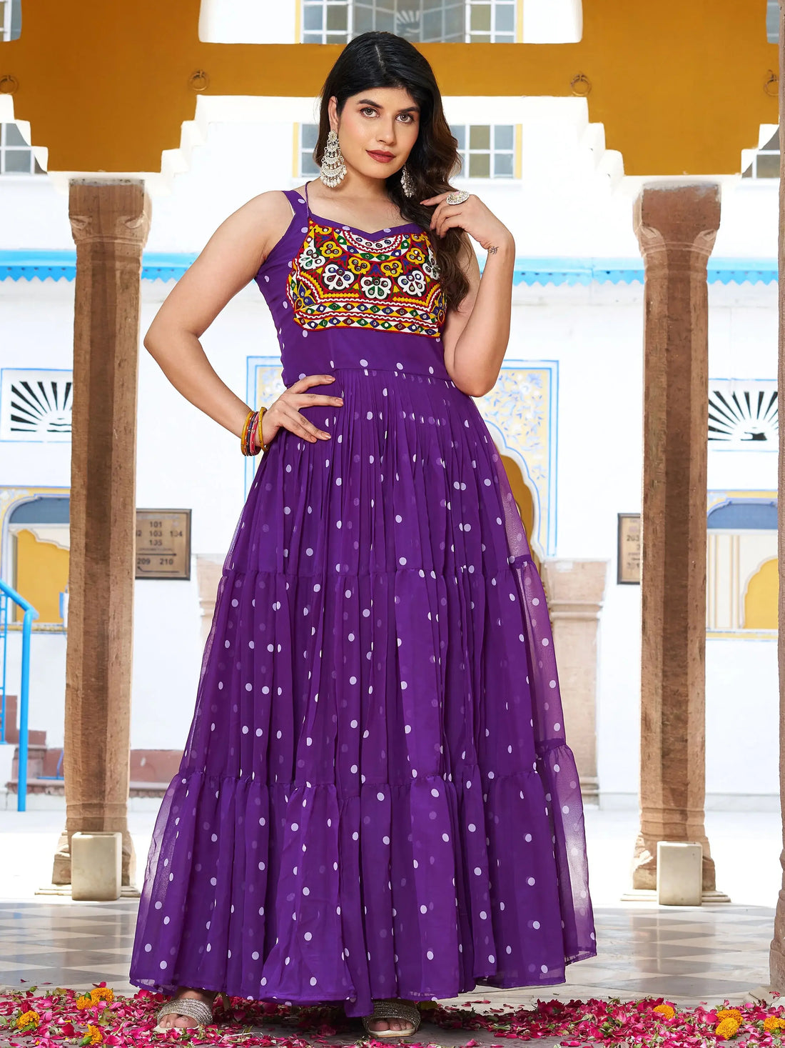 Wonderful Purple Polka Dot Printed Georgette Festive Special Gown - Zeel Clothing
