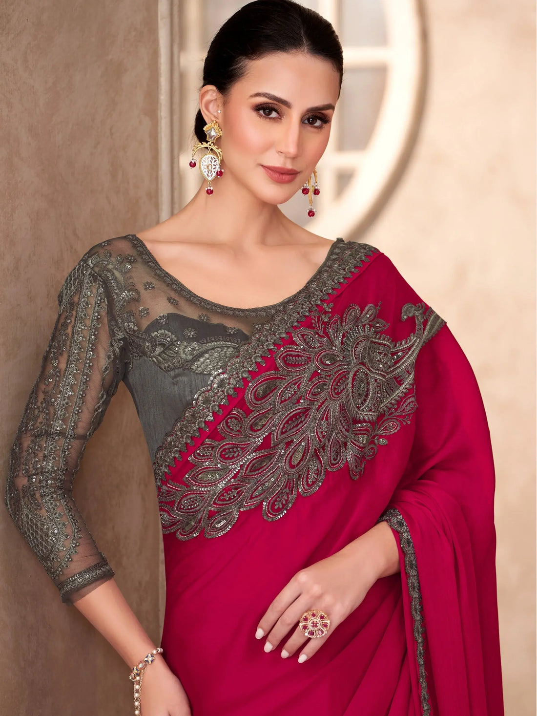 Wonderful Red Border Work Chiffon Reception Wear Saree With Blouse - Zeel Clothing