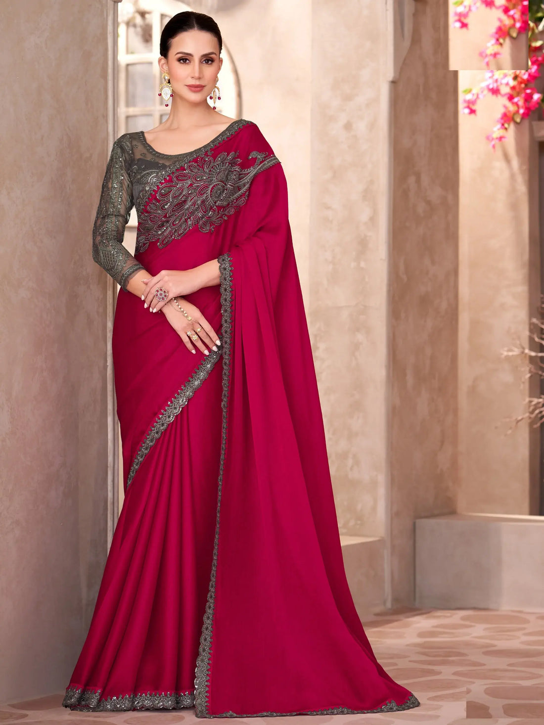 Wonderful Red Border Work Chiffon Reception Wear Saree With Blouse - Zeel Clothing