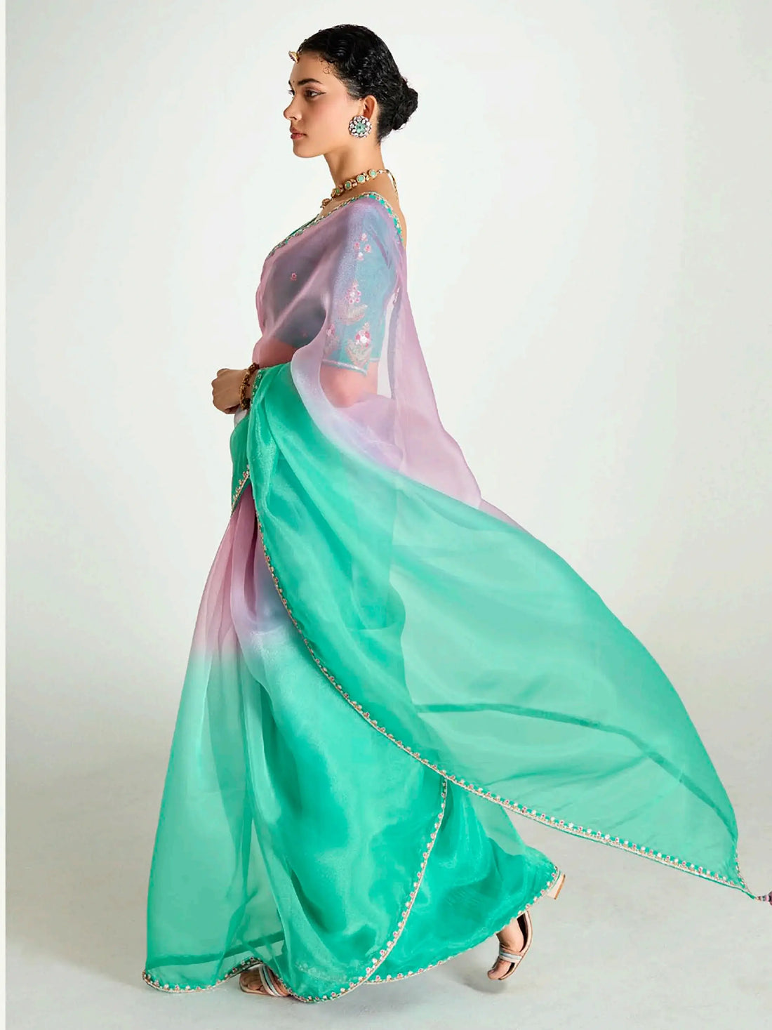 Wonderful Teal Green Border Work Organza Festive Wear Saree With Blouse - Zeel Clothing