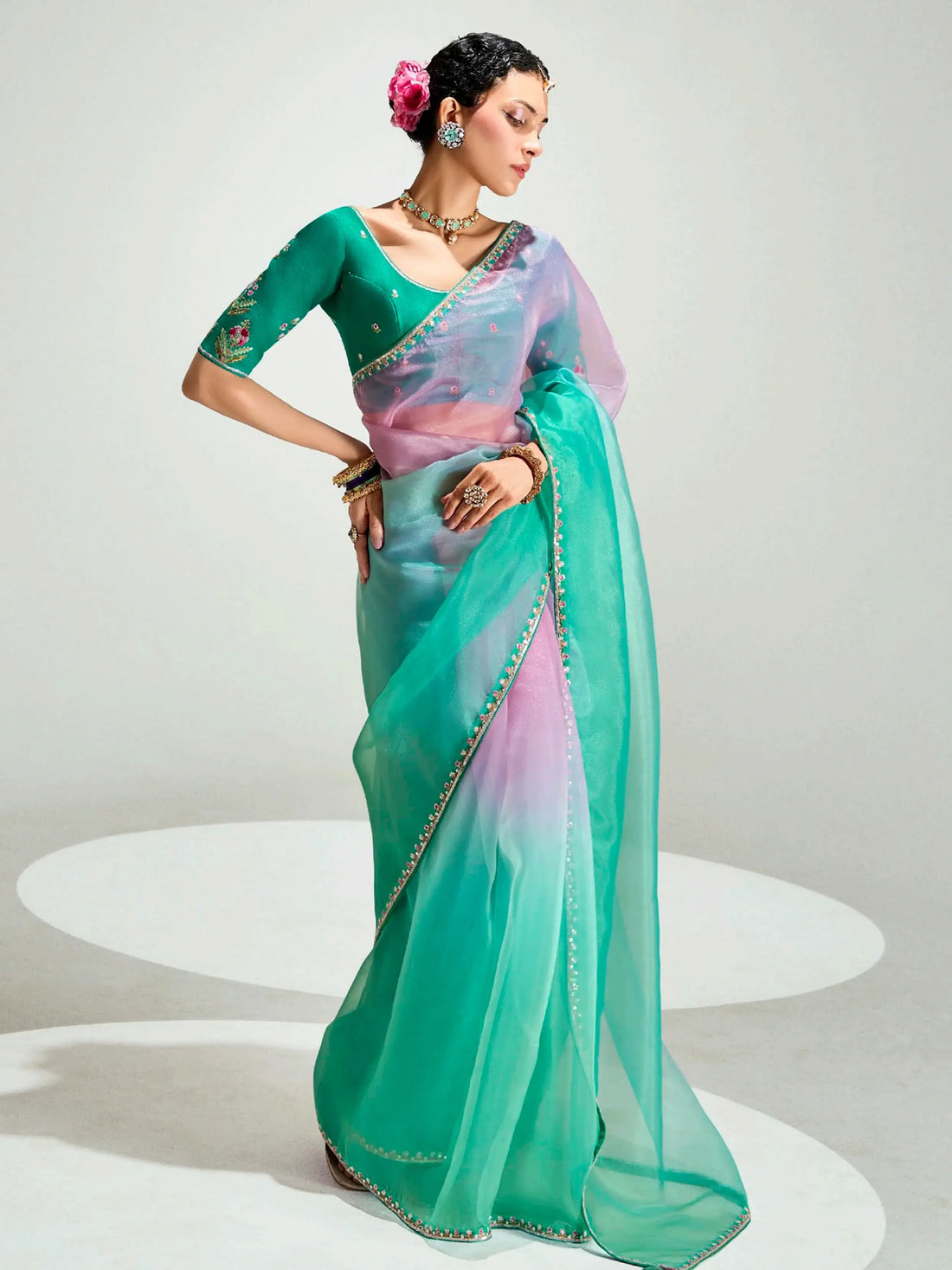 Wonderful Teal Green Border Work Organza Festive Wear Saree With Blouse - Zeel Clothing