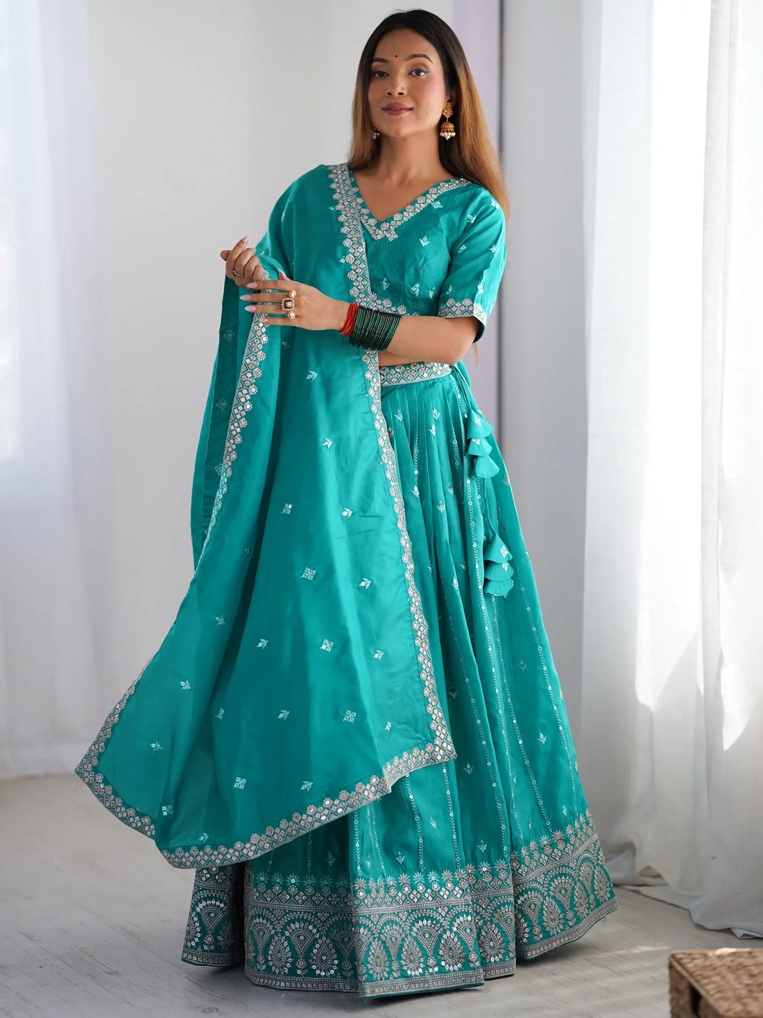 Wonderful Teal Green Thread Embroidered Silk Wedding Lehenga Choli - Zeel Clothing