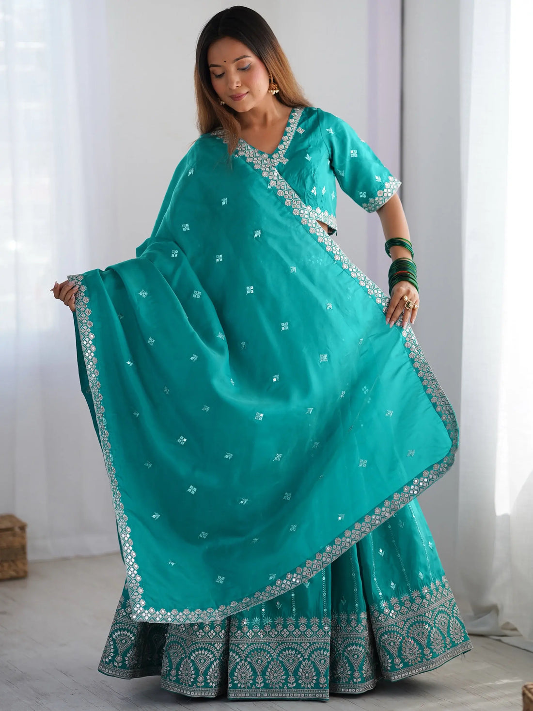 Wonderful Teal Green Thread Embroidered Silk Wedding Lehenga Choli - Zeel Clothing