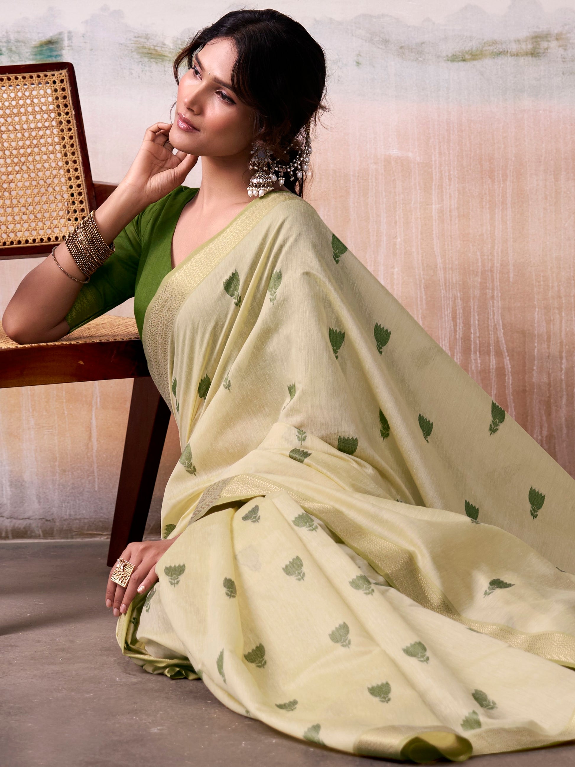 Alluring Green Zari Weaving Cotton Casual Wear Saree With Blouse