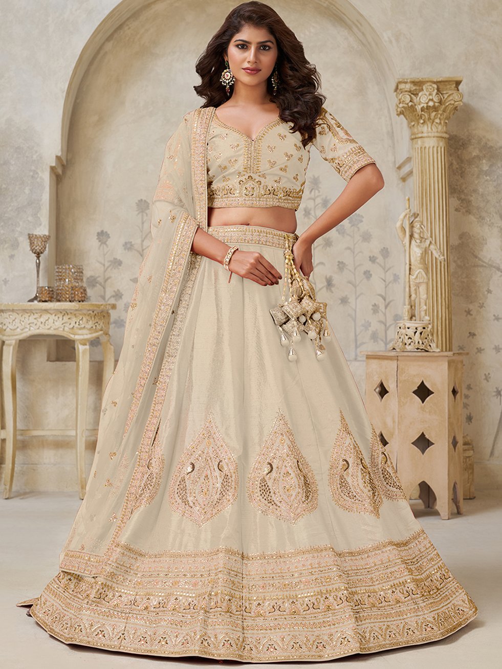 Stunning Beige Embroidered Silk Wedding Wear Lehenga Choli With Dupatta