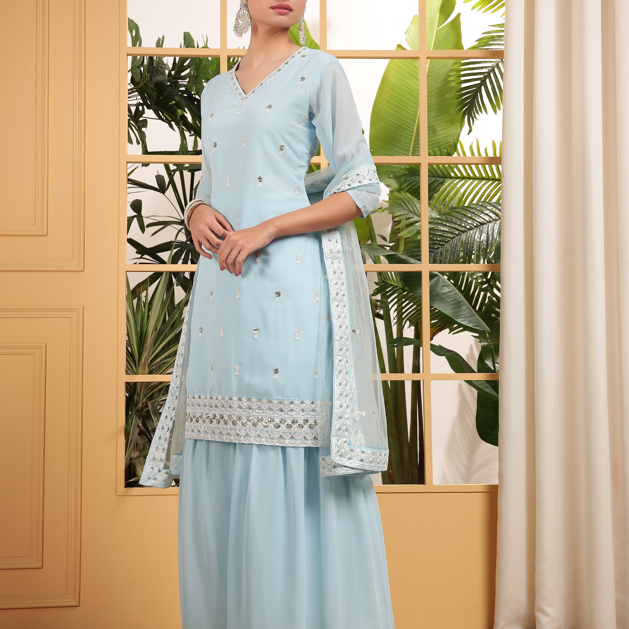 Captivating Sky Blue Sequins Embroidered Georgette Sharara Suit With Dupatta