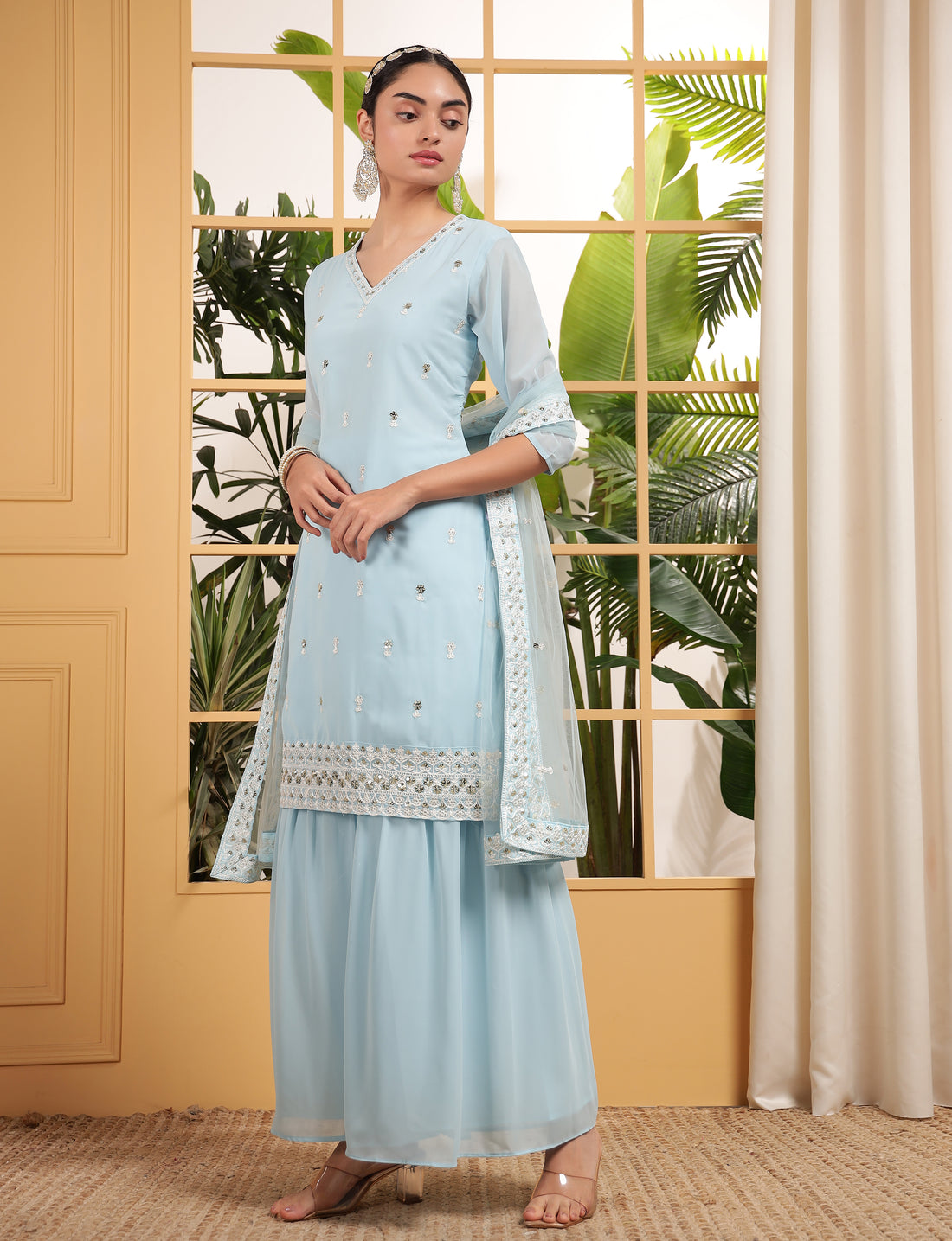 Captivating Sky Blue Sequins Embroidered Georgette Sharara Suit With Dupatta