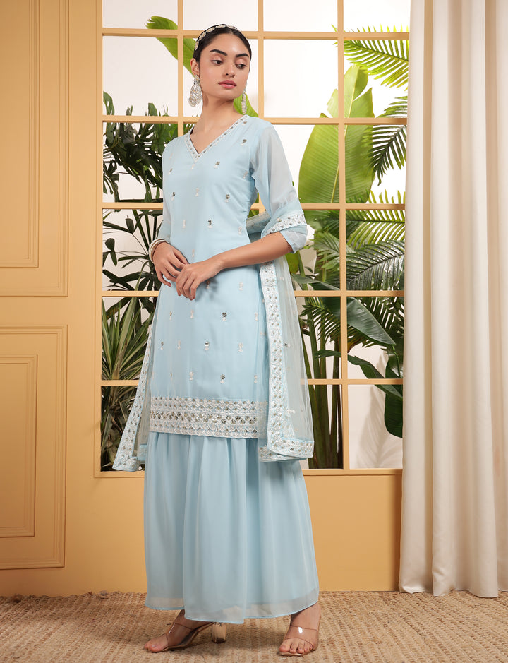Captivating Sky Blue Sequins Embroidered Georgette Sharara Suit With Dupatta