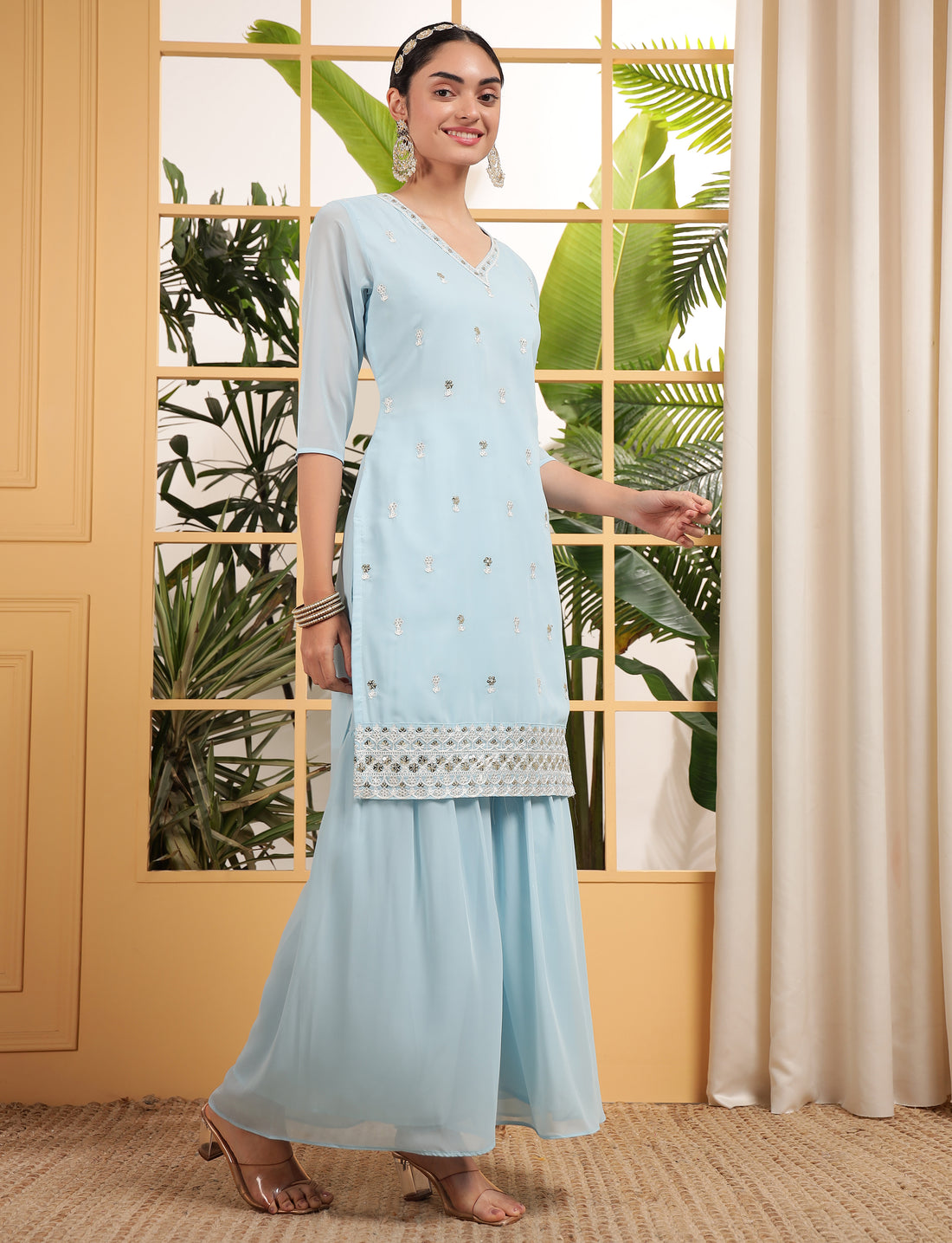 Captivating Sky Blue Sequins Embroidered Georgette Sharara Suit With Dupatta