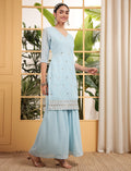 Captivating Sky Blue Sequins Embroidered Georgette Sharara Suit With Dupatta