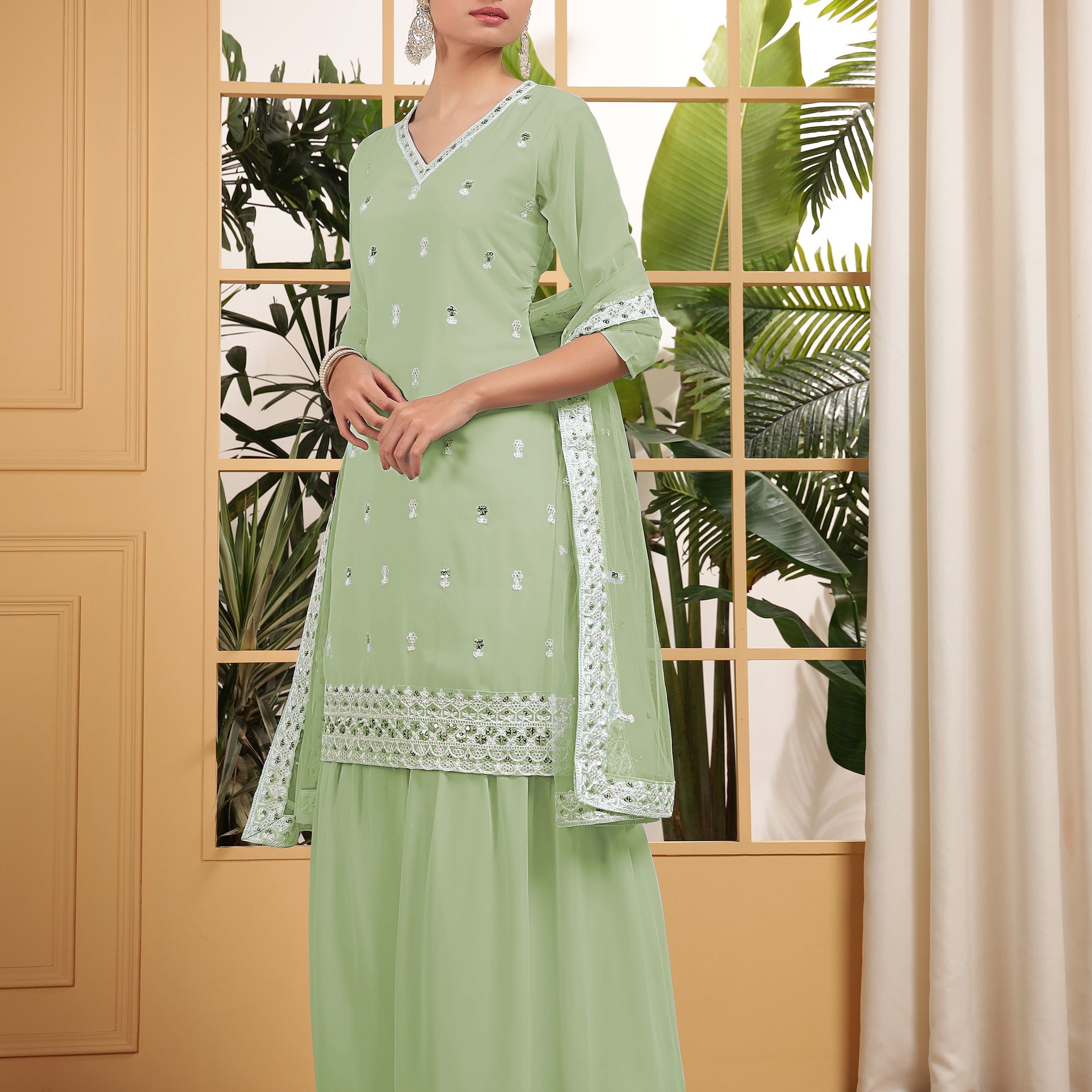 Fascinating Pista Green Sequins Georgette Eid Special Sharara Suit With Dupatta