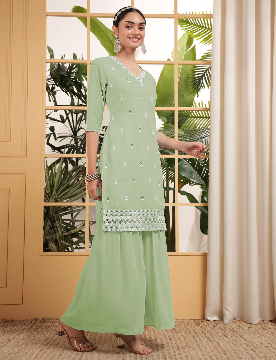 Fascinating Pista Green Sequins Georgette Eid Special Sharara Suit With Dupatta