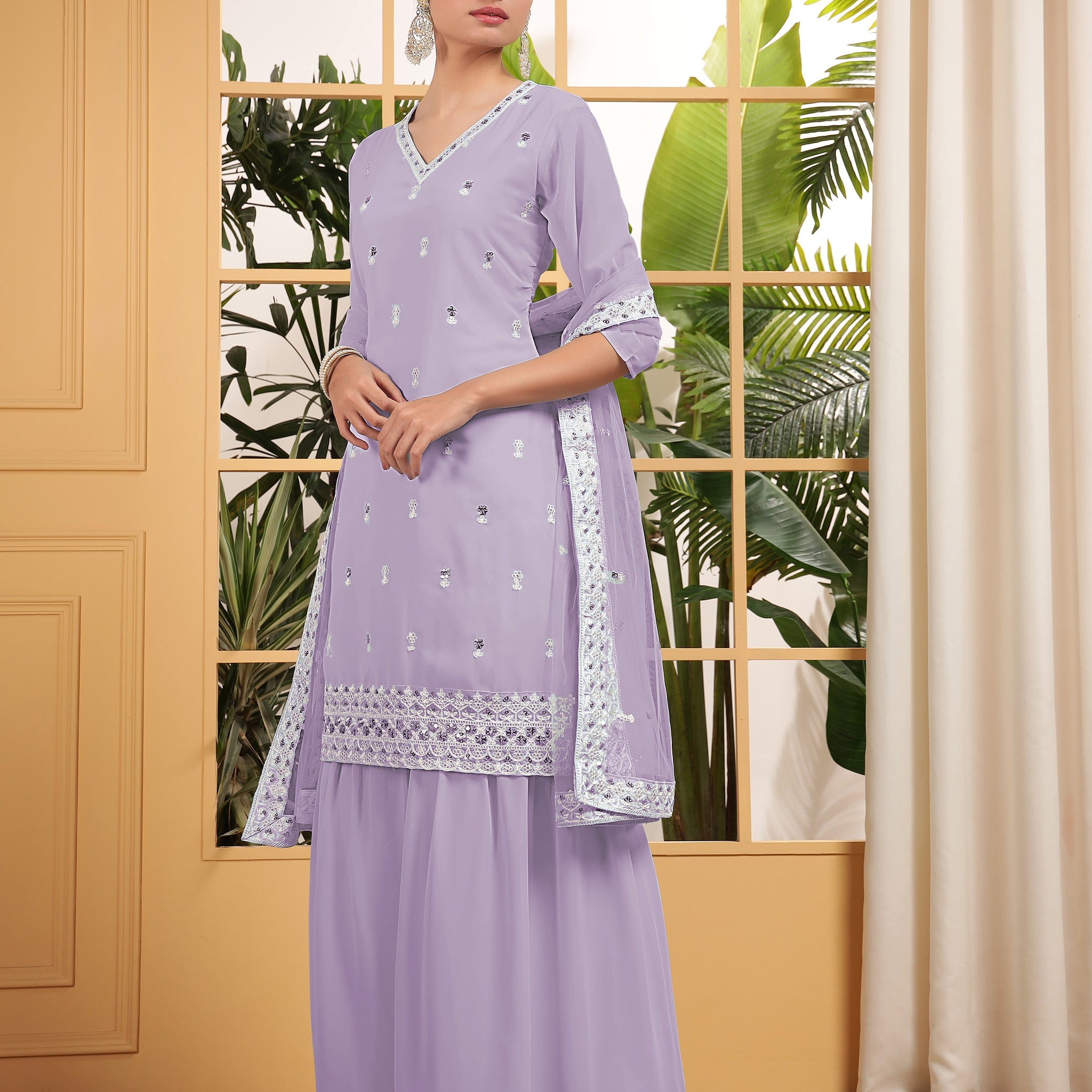 Bewitching Purple Sequins Georgette Event Wear Sharara Suit With Dupatta