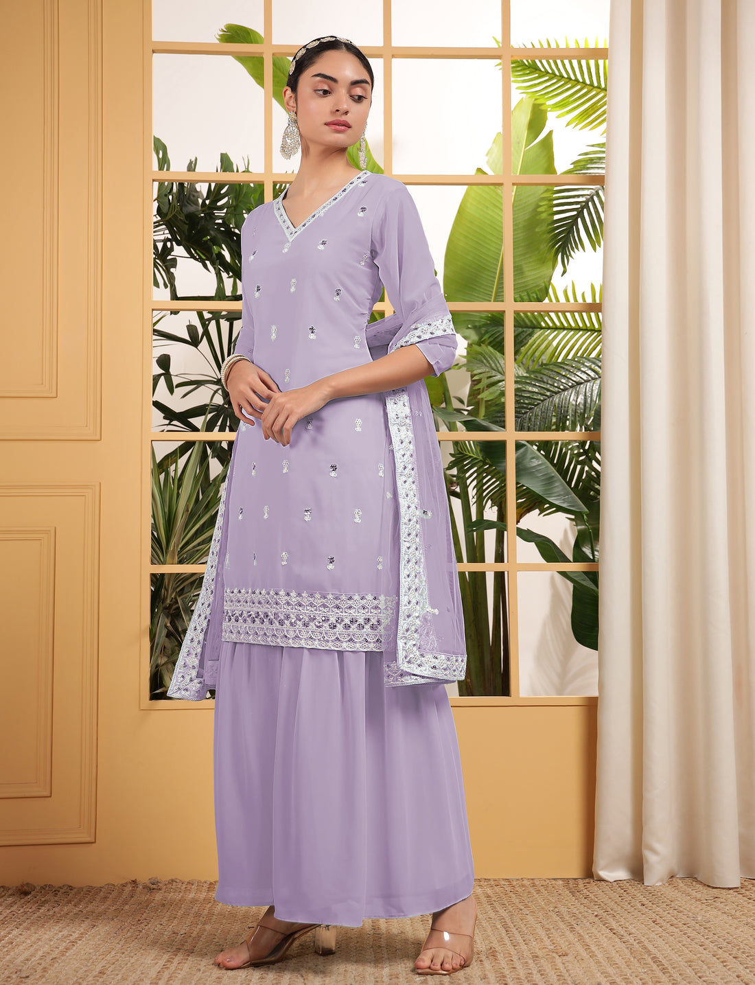 Bewitching Purple Sequins Georgette Event Wear Sharara Suit With Dupatta