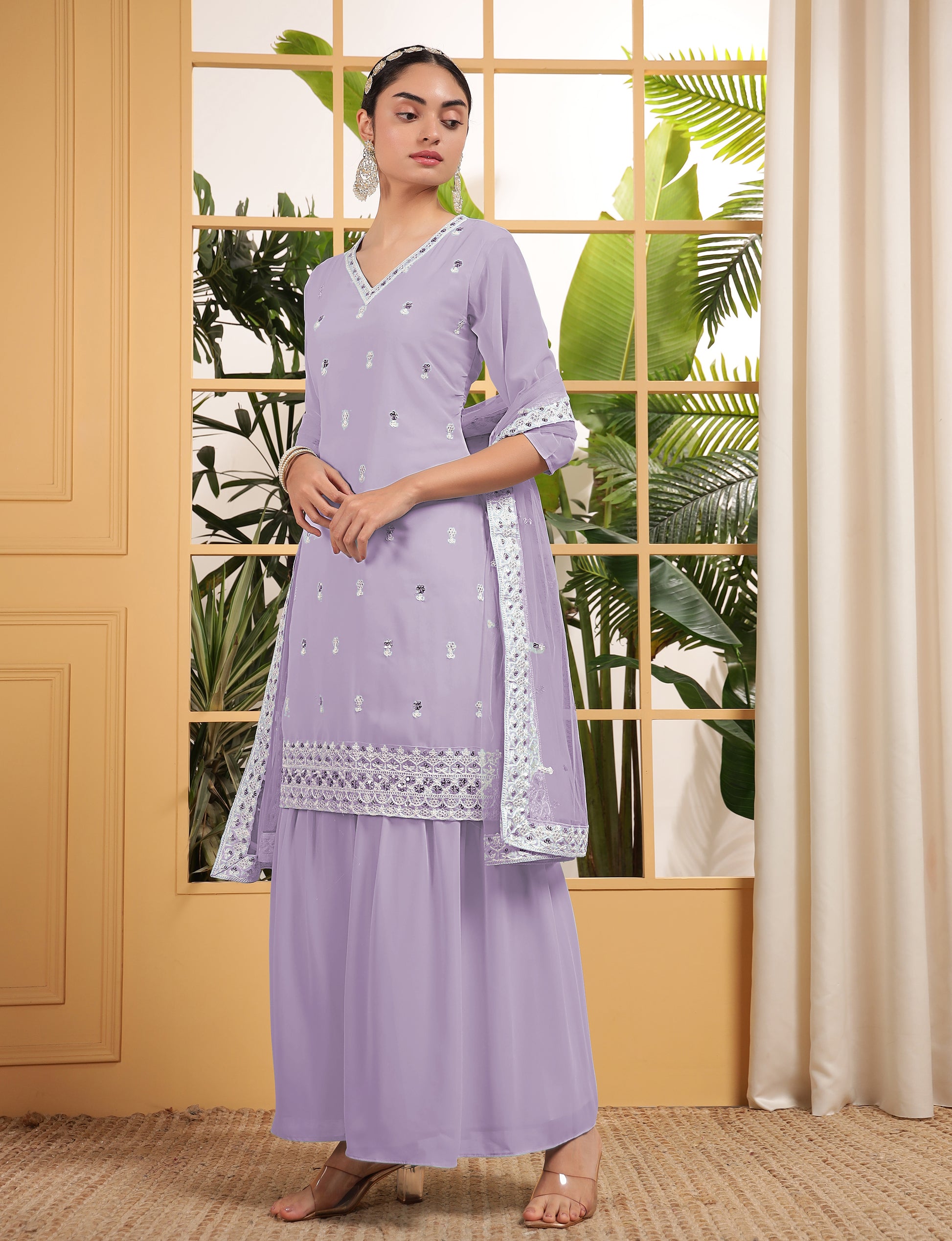 Bewitching Purple Sequins Georgette Event Wear Sharara Suit With Dupatta