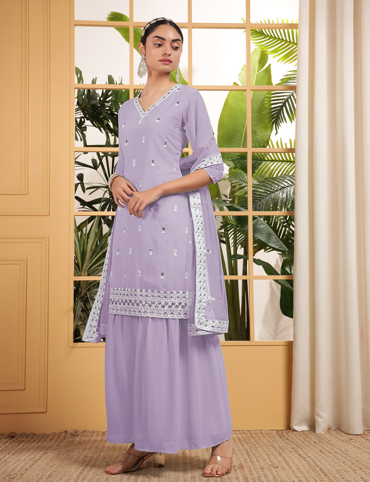 Bewitching Purple Sequins Georgette Event Wear Sharara Suit With Dupatta