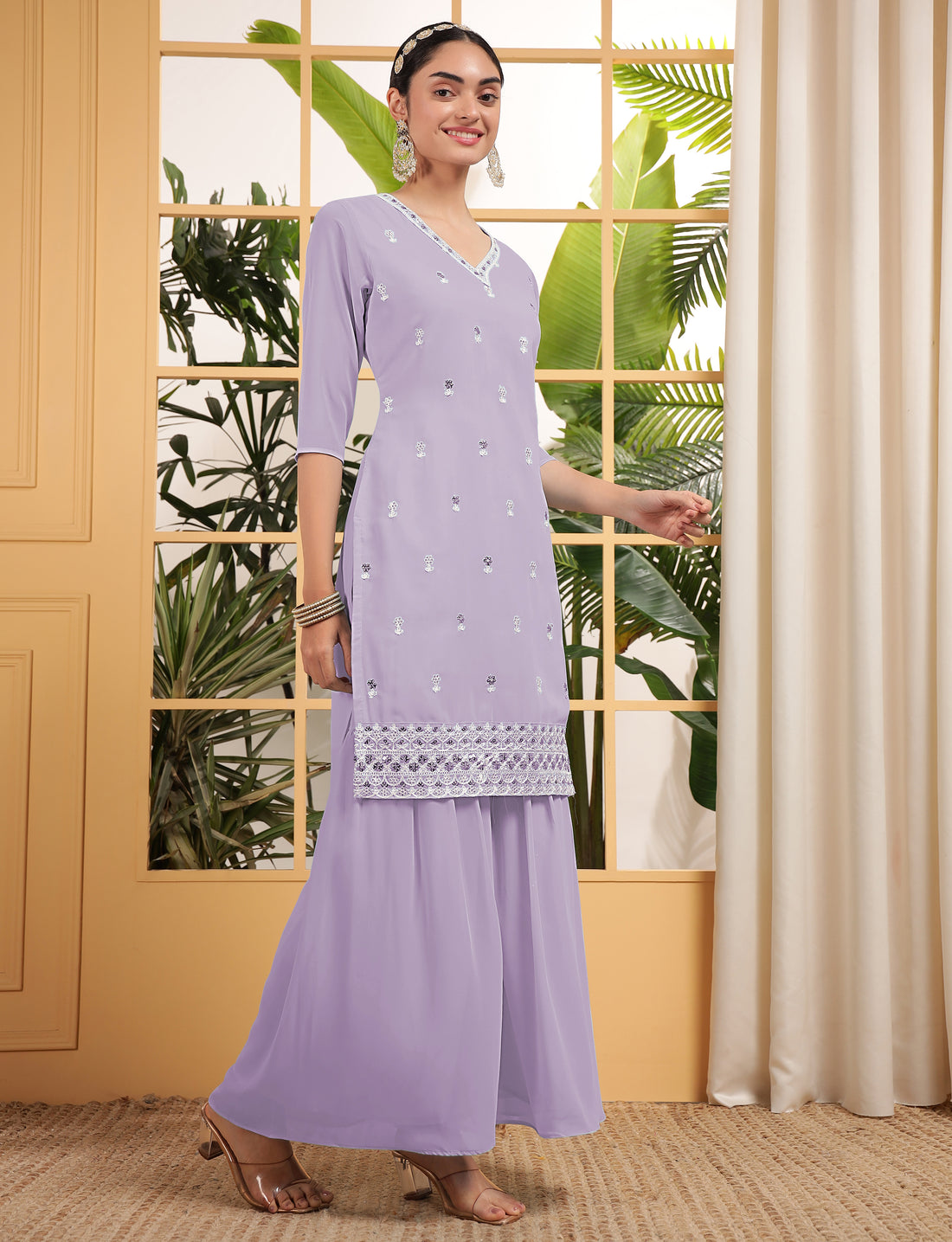 Bewitching Purple Sequins Georgette Event Wear Sharara Suit With Dupatta