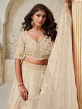 Stunning Beige Embroidered Silk Wedding Wear Lehenga Choli With Dupatta