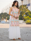 Fabulous White Floral Embroidered Chinon Festive Wear Palazzo Suit