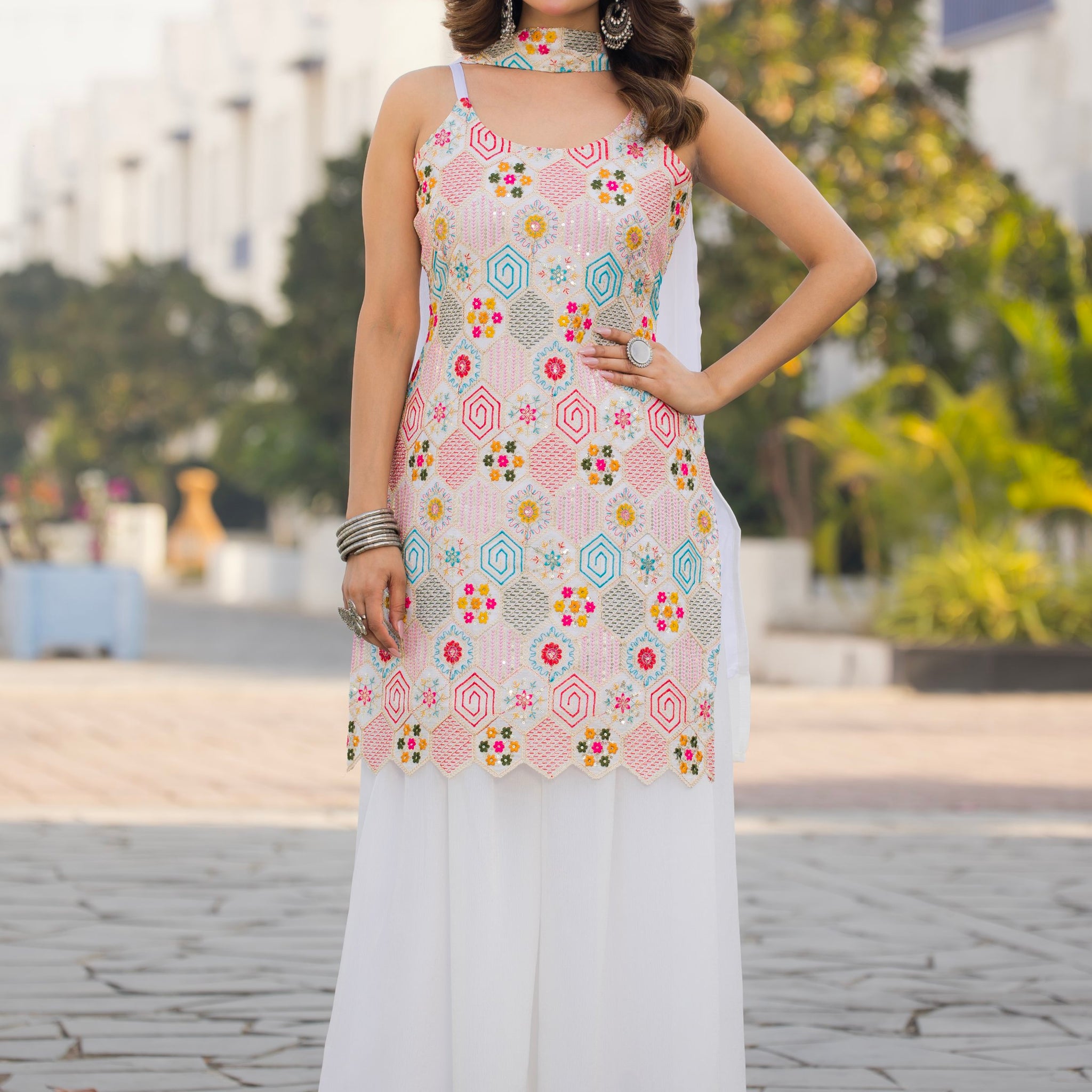 Fabulous White Floral Embroidered Chinon Festive Wear Palazzo Suit