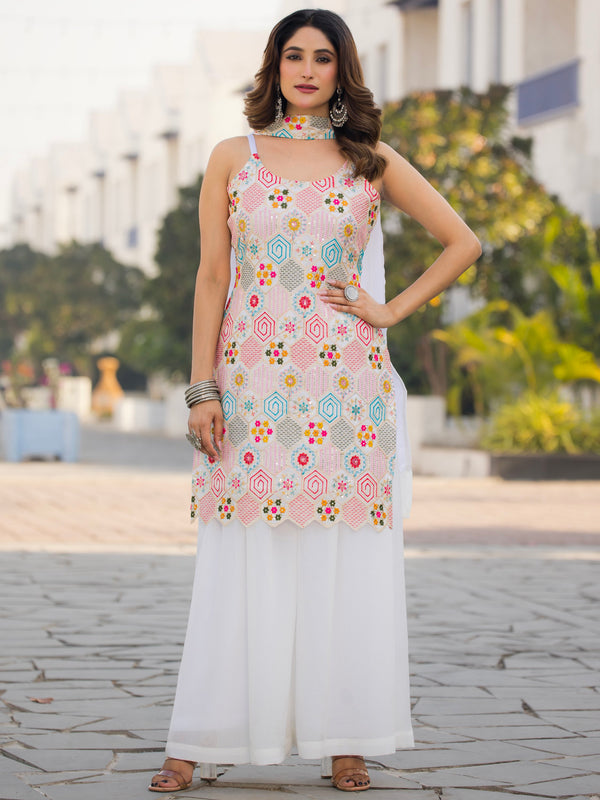 Fabulous White Floral Embroidered Chinon Festive Wear Palazzo Suit