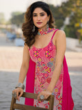 Pretty Pink Thread Embroidered Chinon Palazzo Suit With Dupatta