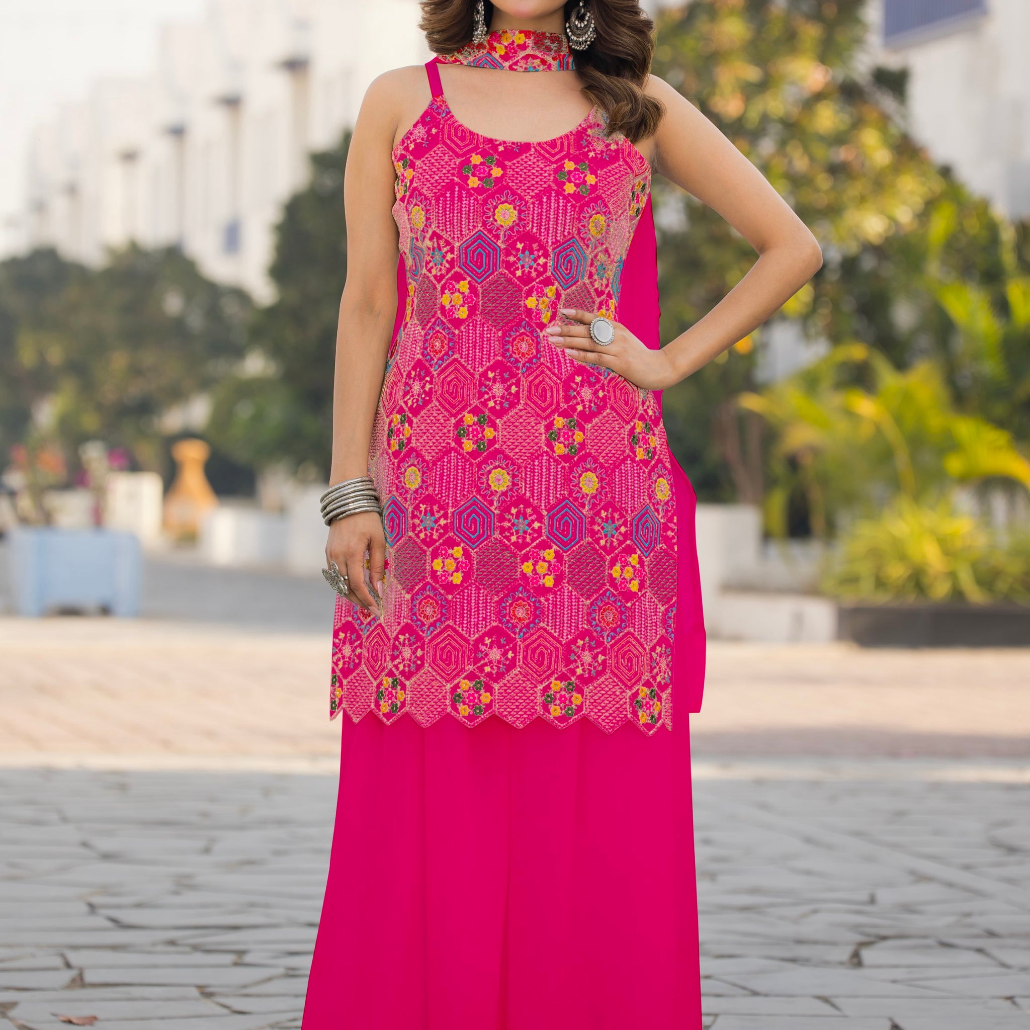 Pretty Pink Thread Embroidered Chinon Palazzo Suit With Dupatta
