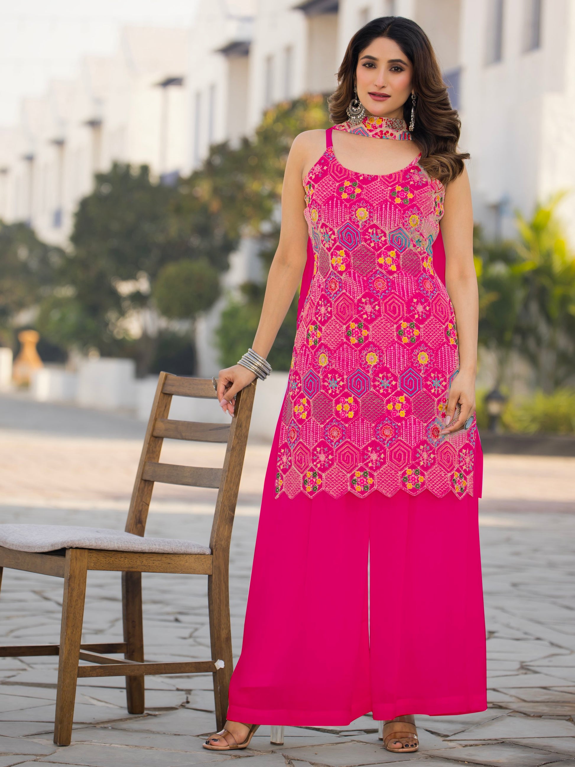 Pretty Pink Thread Embroidered Chinon Palazzo Suit With Dupatta