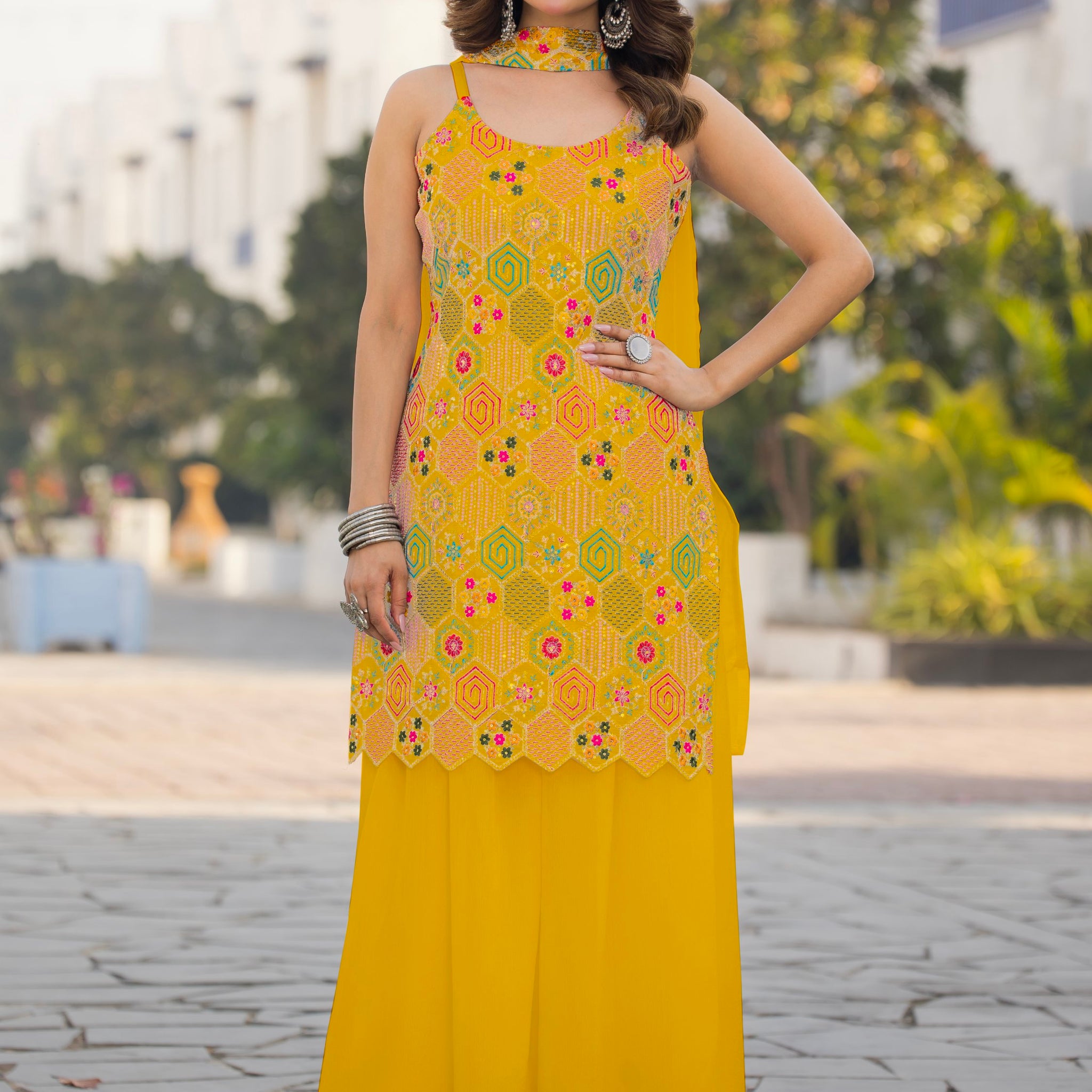 Awesome Mustard Yellow Sequins Work Chinon Haldi Wear Palazzo Suit