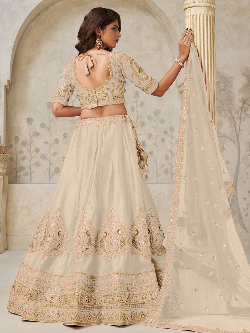 Stunning Beige Embroidered Silk Wedding Wear Lehenga Choli With Dupatta
