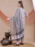 Stunning Grey Printed Cotton Office Wear Pant Suit With Dupatta