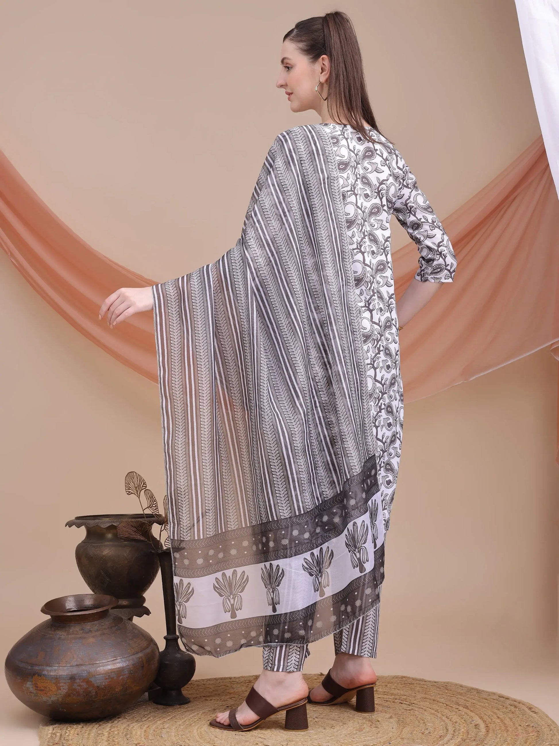 Stunning Grey Printed Cotton Office Wear Pant Suit With Dupatta