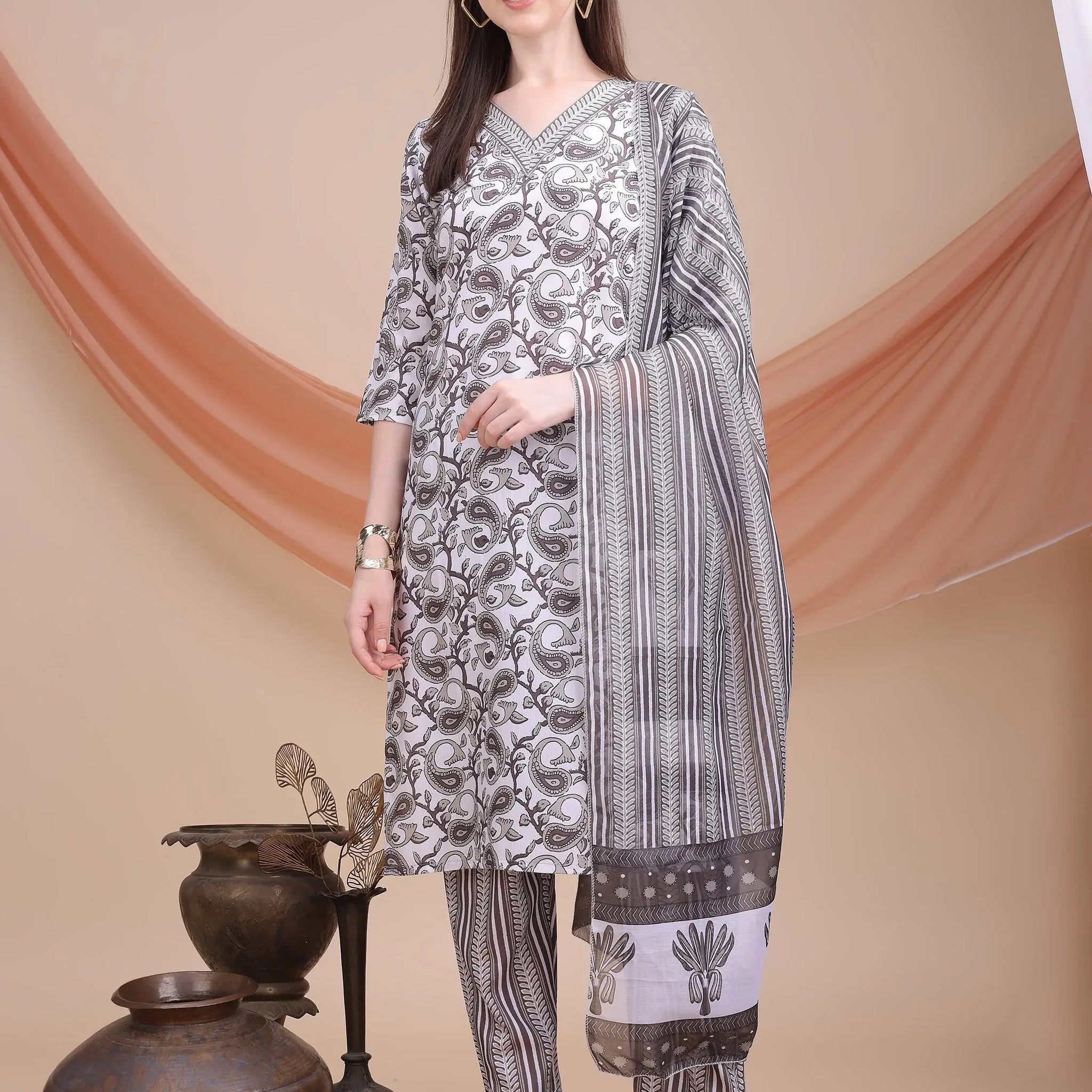 Stunning Grey Printed Cotton Office Wear Pant Suit With Dupatta