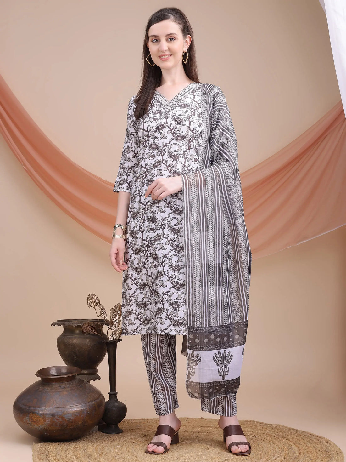 Stunning Grey Printed Cotton Office Wear Pant Suit With Dupatta