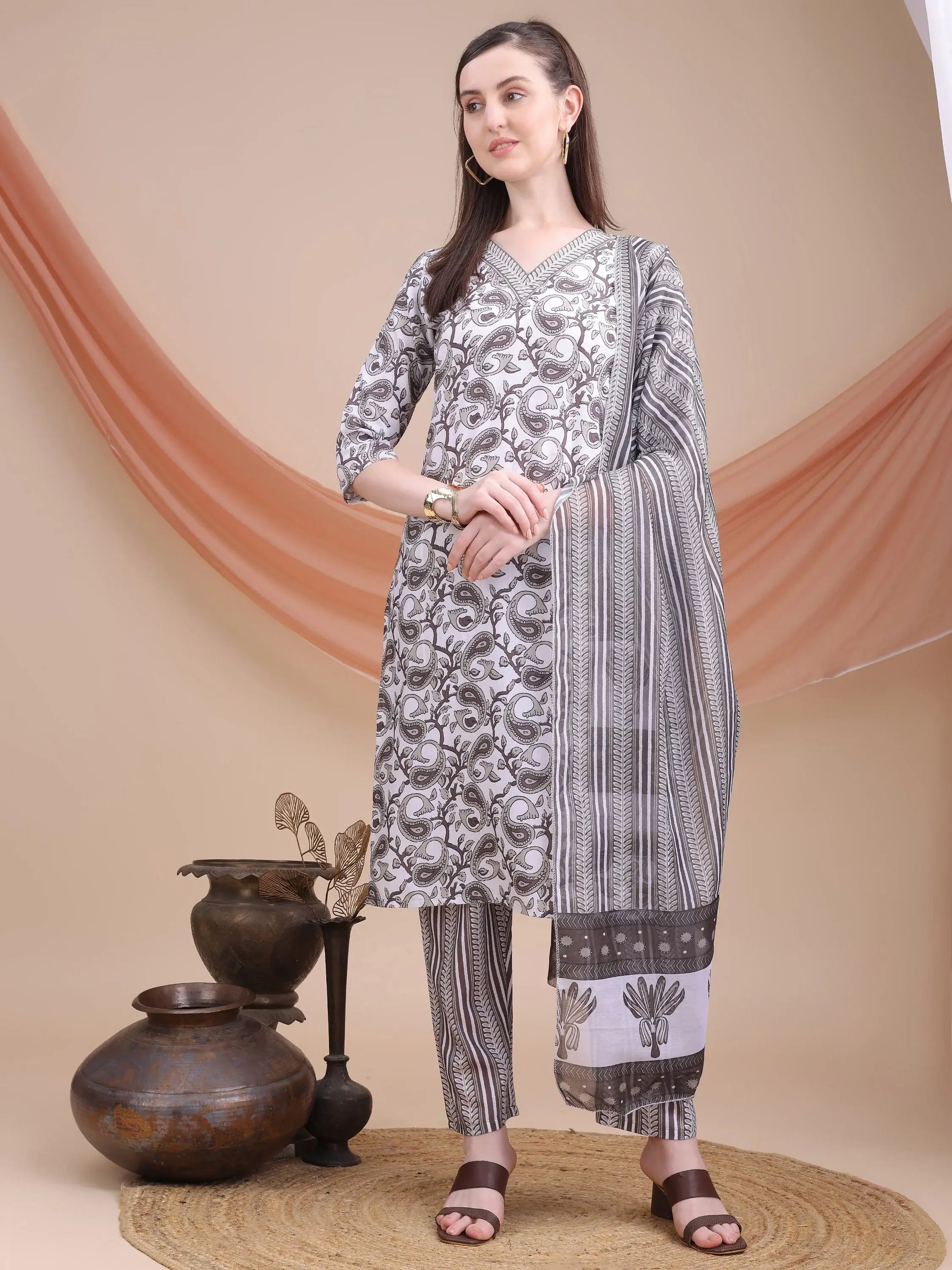 Stunning Grey Printed Cotton Office Wear Pant Suit With Dupatta