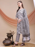 Stunning Grey Printed Cotton Office Wear Pant Suit With Dupatta