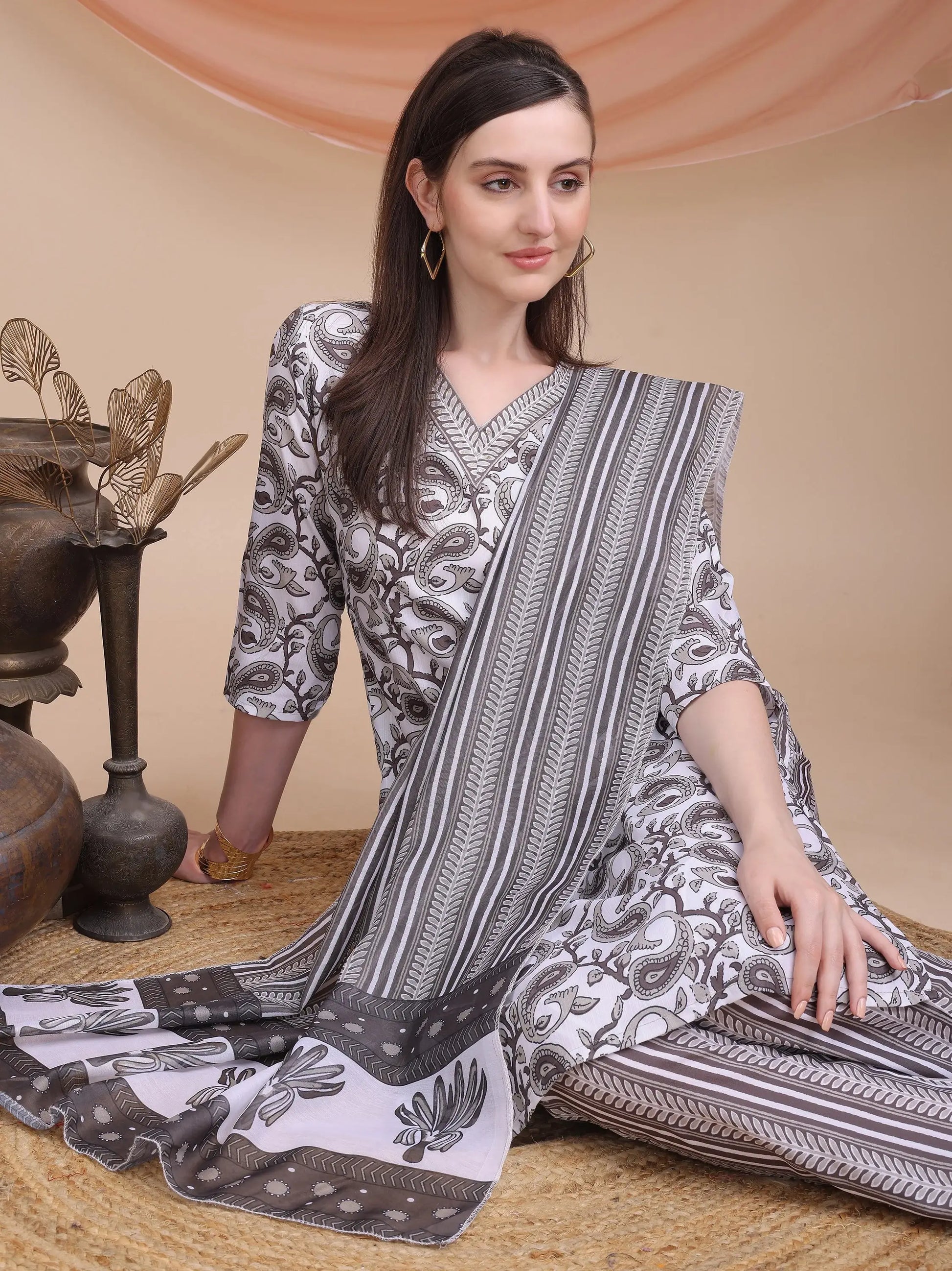 Stunning Grey Printed Cotton Office Wear Pant Suit With Dupatta