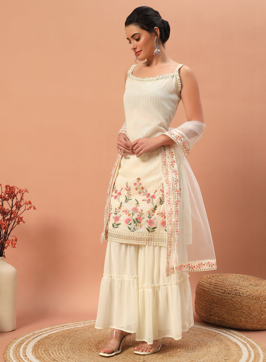 Astonishing Off-White Sequins Georgette Eid Special Sharara Suit