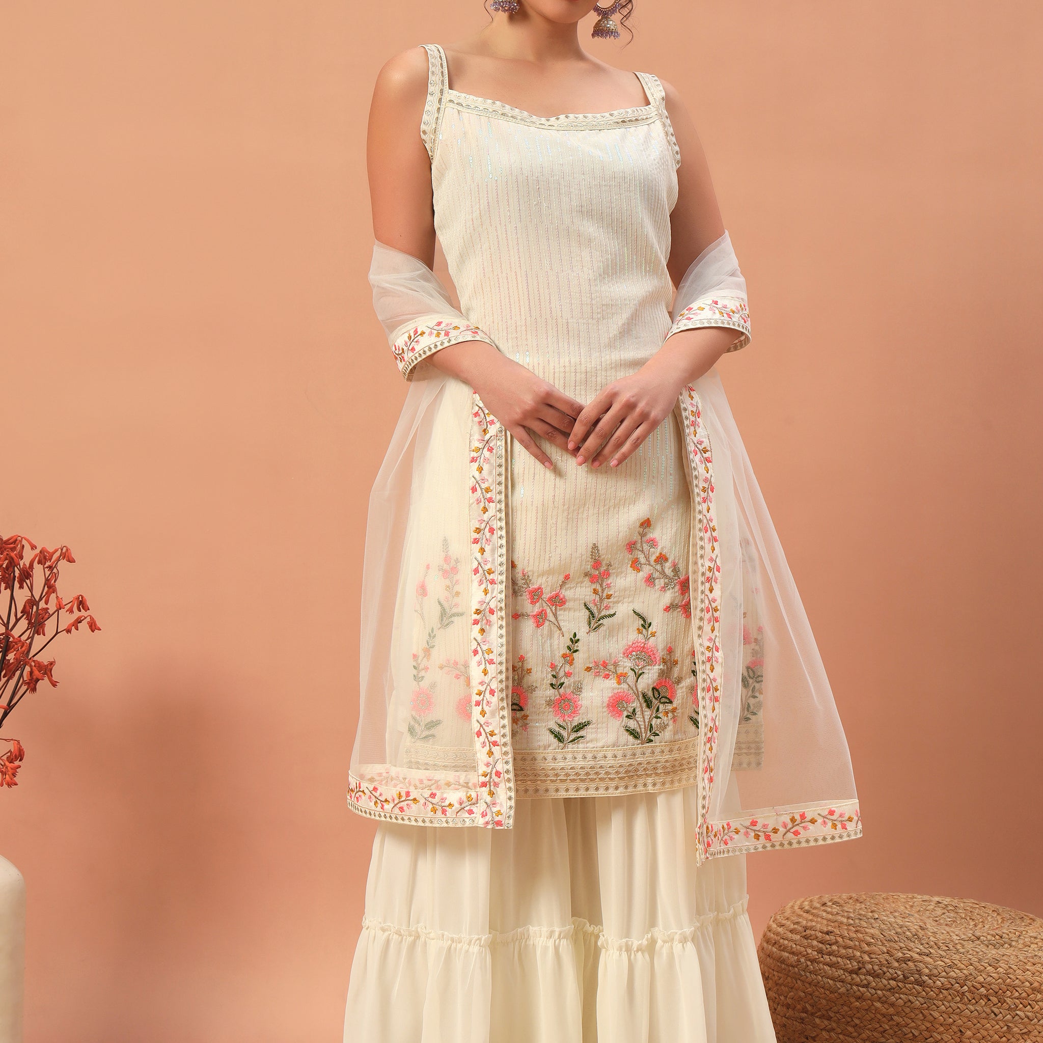 Astonishing Off-White Sequins Georgette Eid Special Sharara Suit
