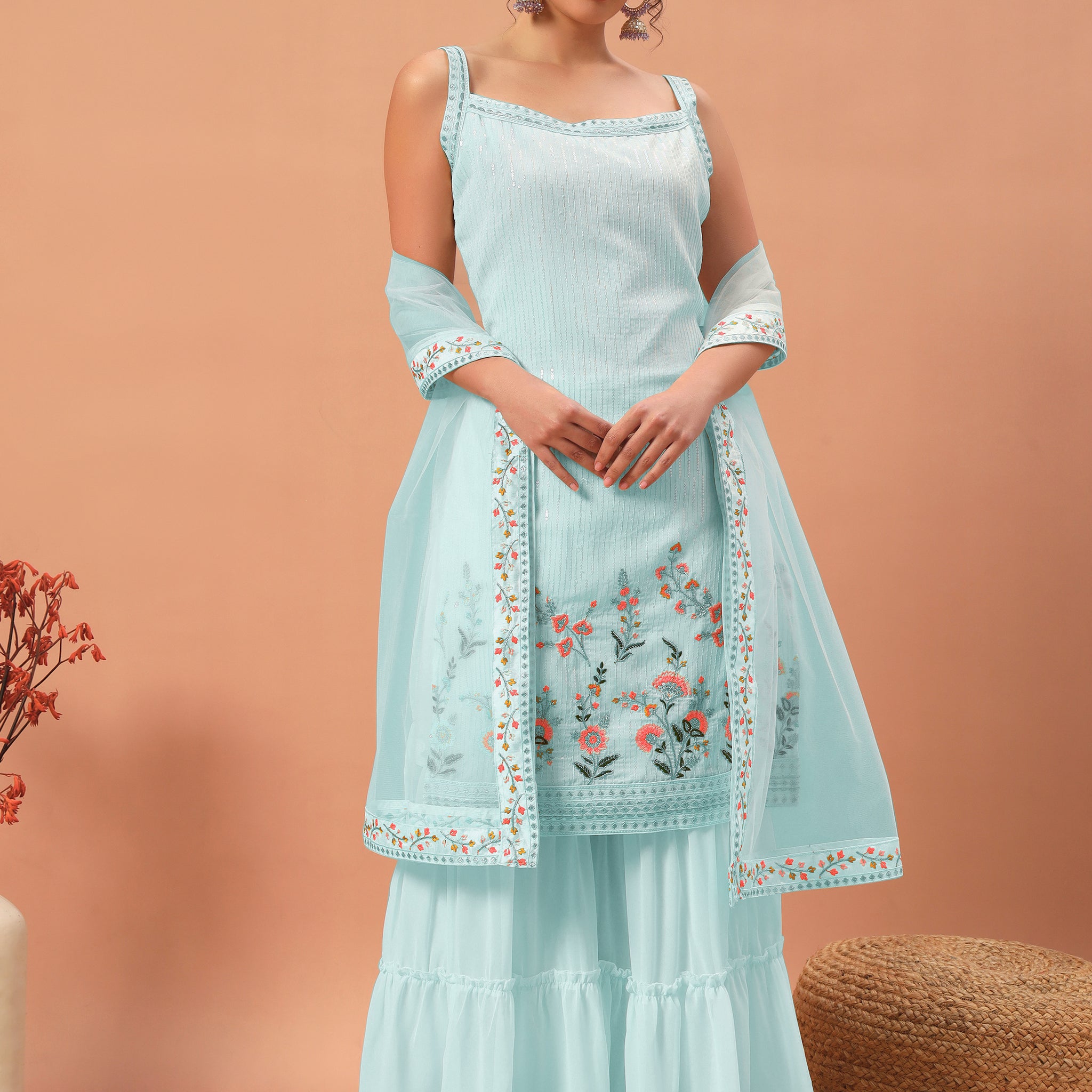 Fascinating Sky-Blue Sequins Georgette Festive Wear Sharara Suit