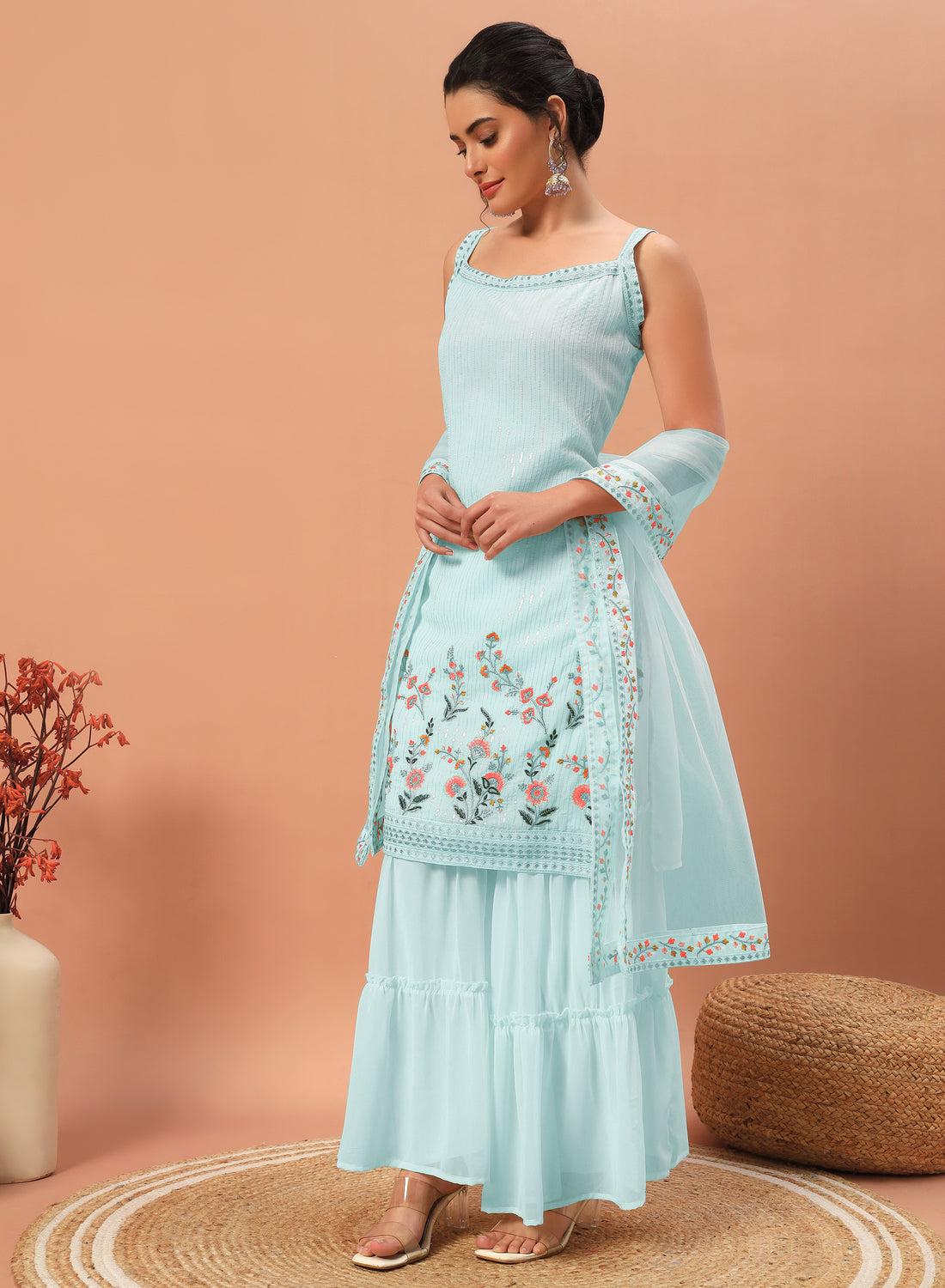 Fascinating Sky-Blue Sequins Georgette Festive Wear Sharara Suit