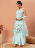 Fascinating Sky-Blue Sequins Georgette Festive Wear Sharara Suit
