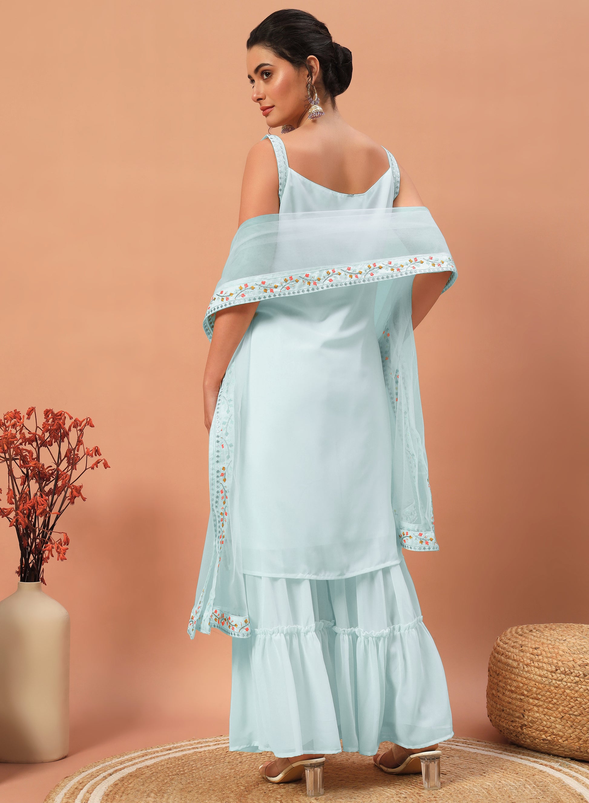 Fascinating Sky-Blue Sequins Georgette Festive Wear Sharara Suit