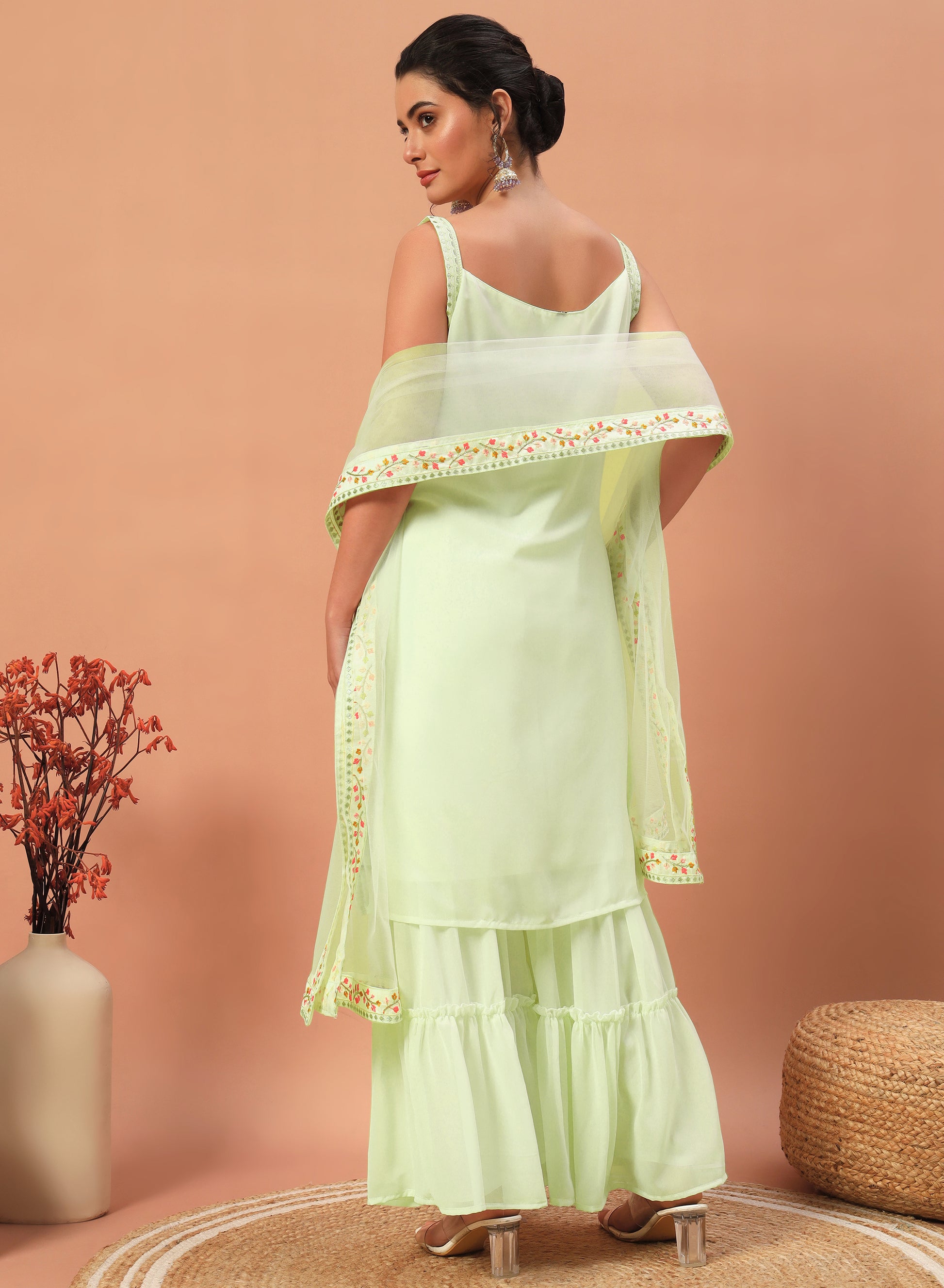 Adorable Pista Green Sequins Georgette Sharara Suit with Dupatta