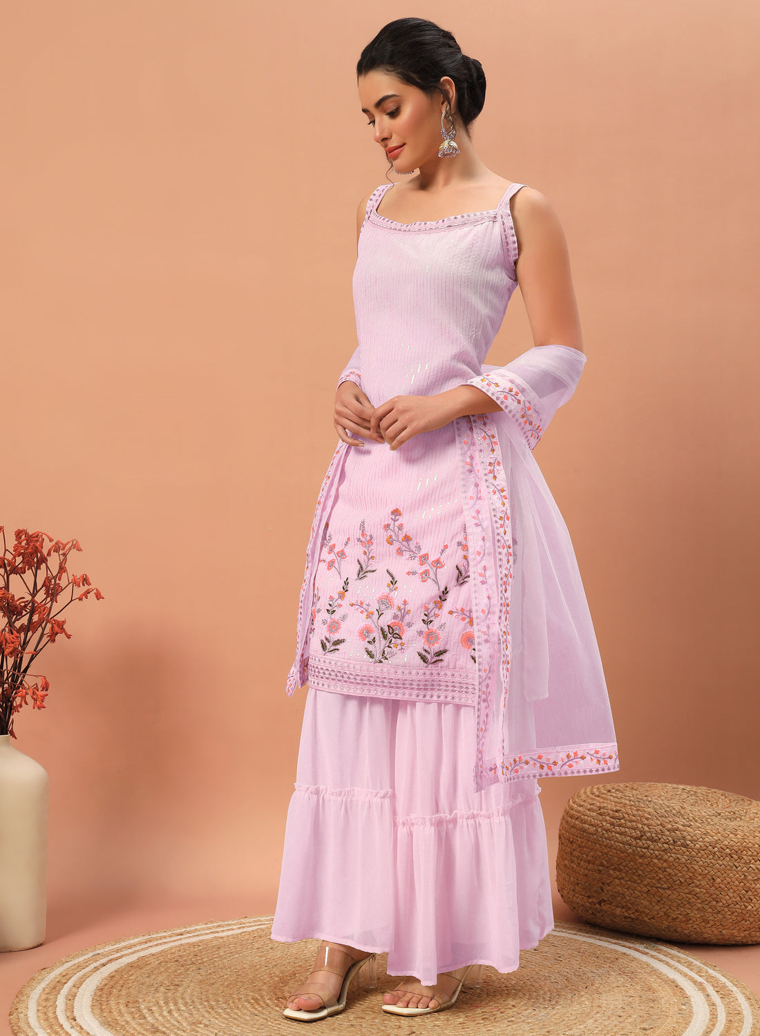 Gorgeous Pink Sequins Georgette Eid Speacial Sharara Suit with Dupatta