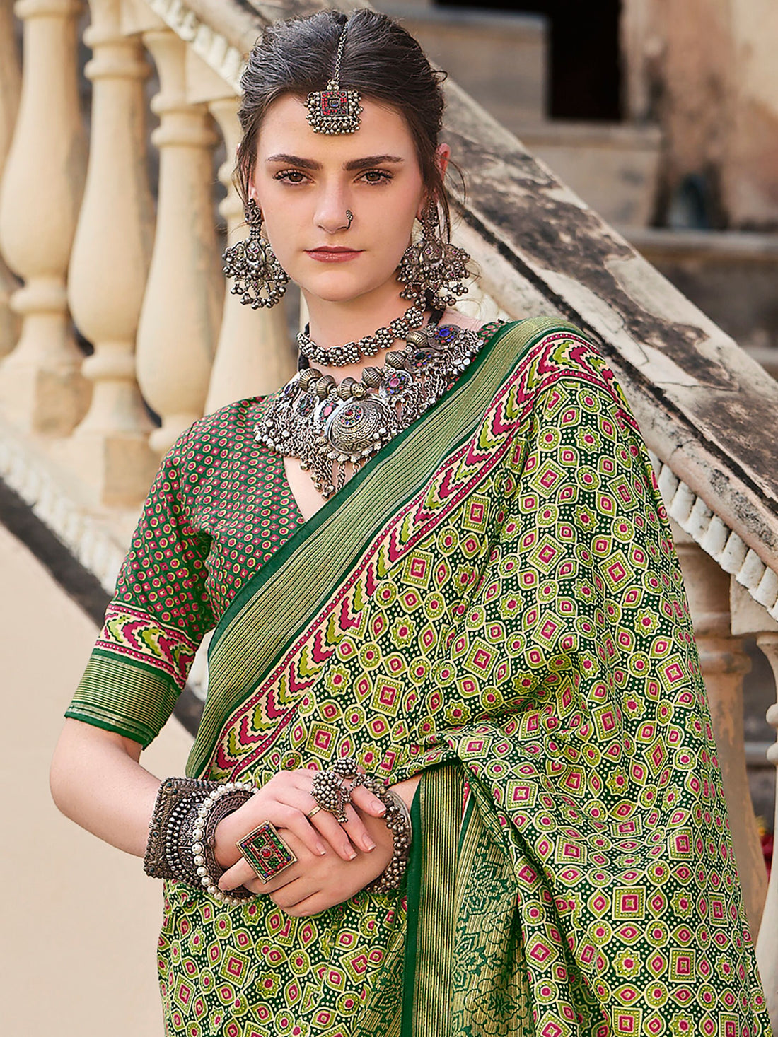 Beautiful Green Digital Printed Silk Event Wear Saree With Blouse
