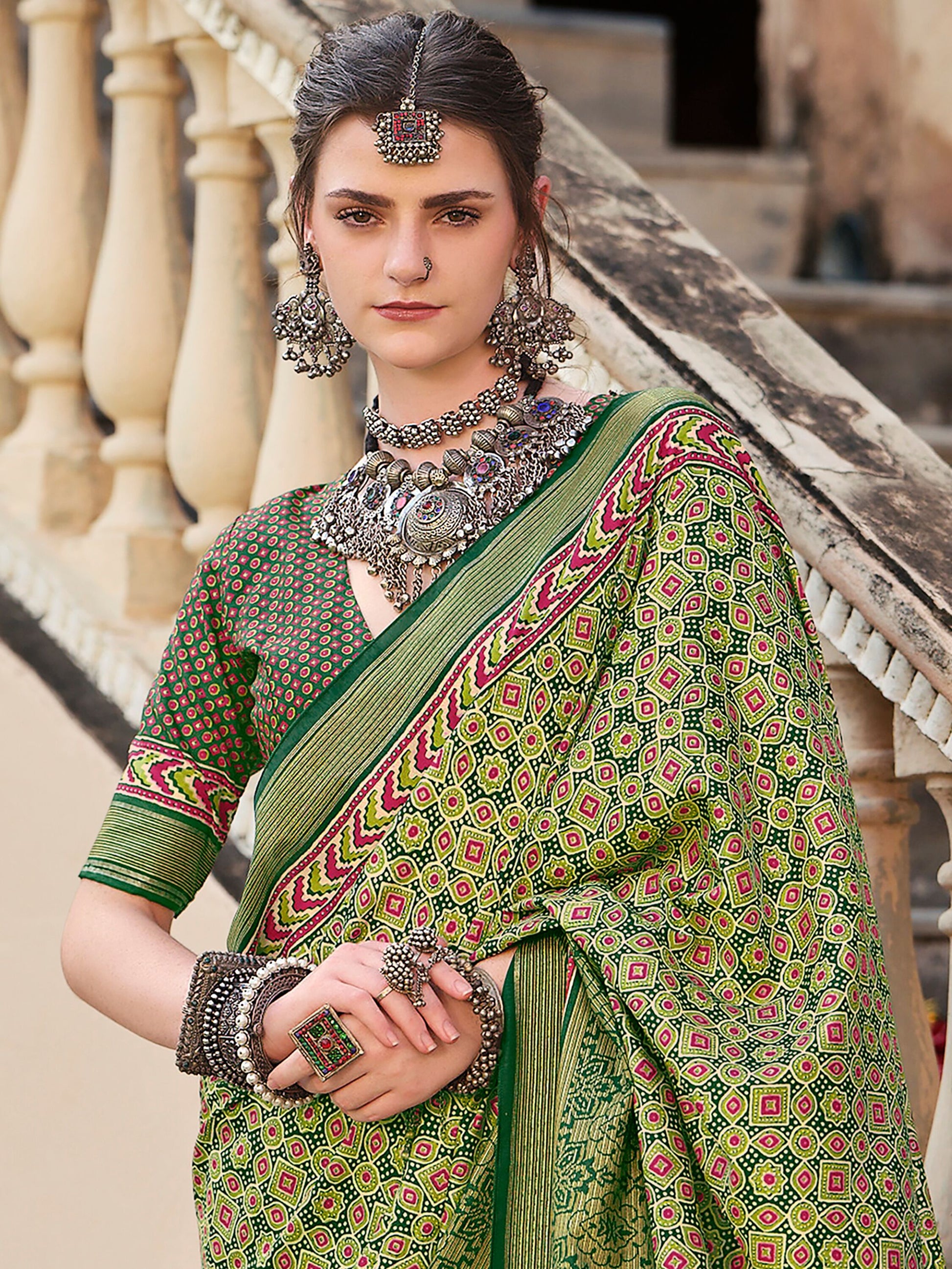 Beautiful Green Digital Printed Silk Event Wear Saree With Blouse