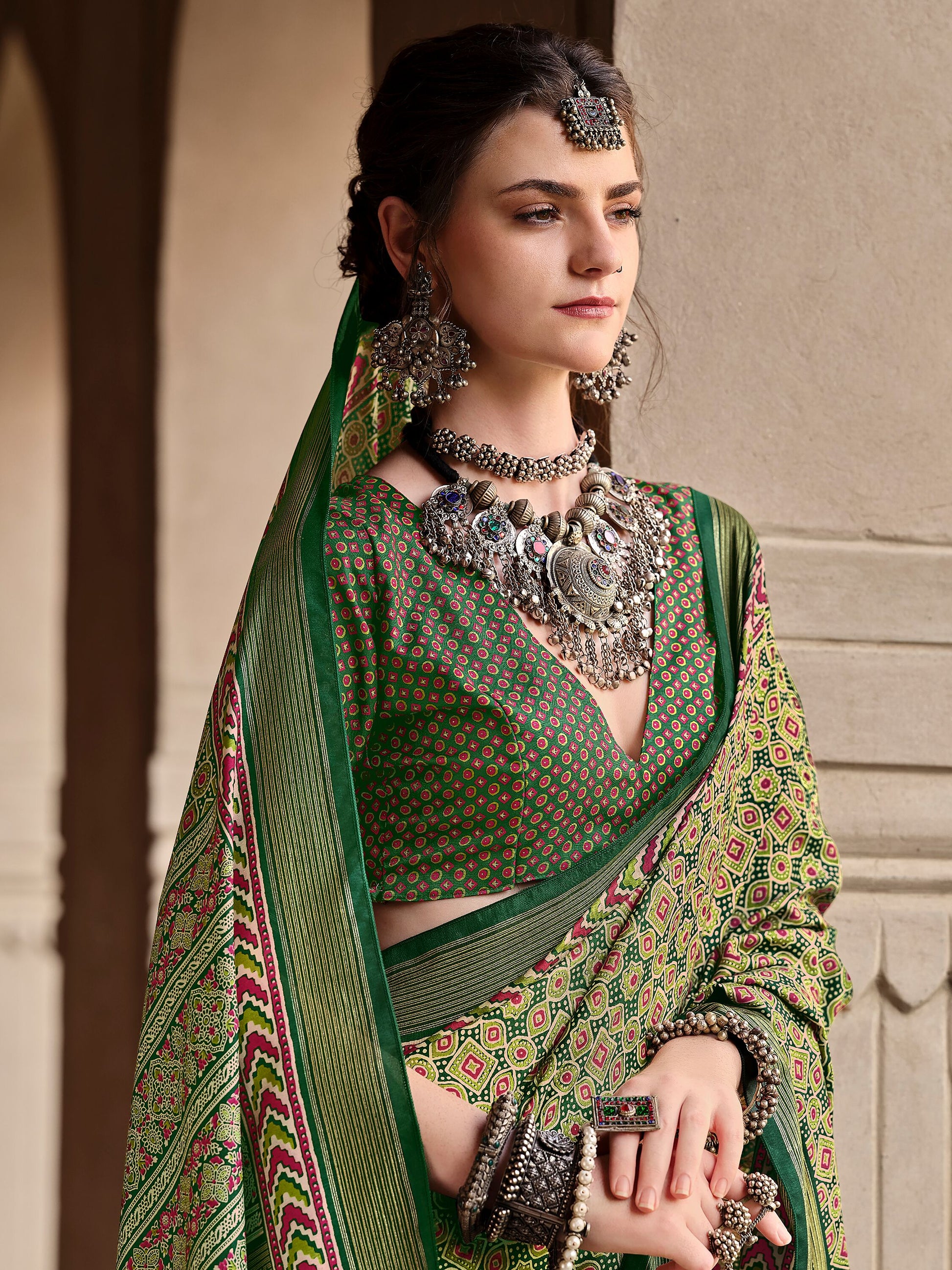 Beautiful Green Digital Printed Silk Event Wear Saree With Blouse