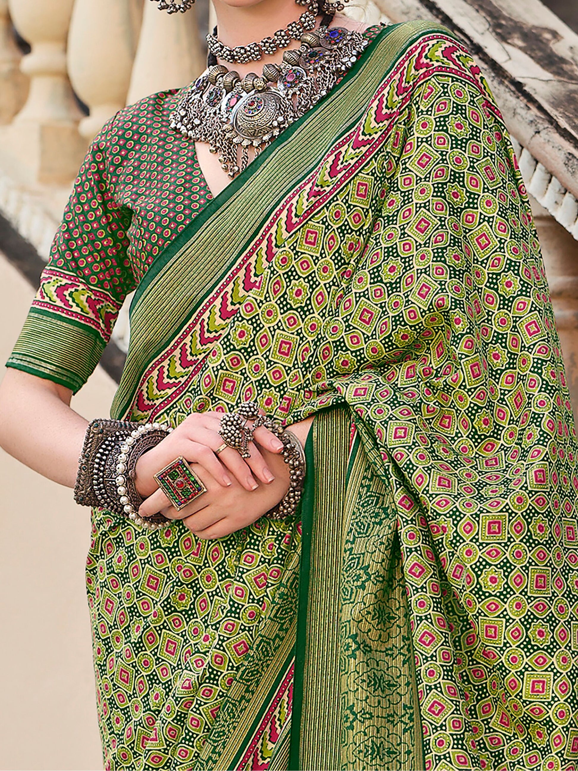 Beautiful Green Digital Printed Silk Event Wear Saree With Blouse